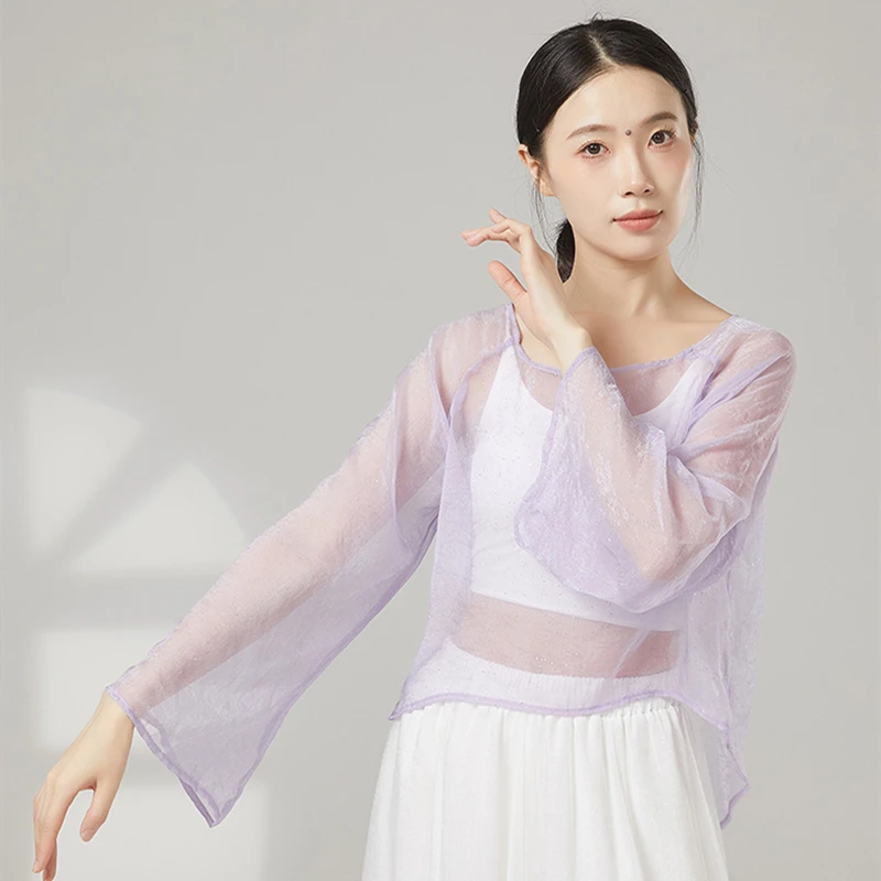 Klassische Tanz Top Frauen Flattern Langarm Gaze Hemd Zurück Split Saree Durchsichtig Fee Bühne Kleidung Leistung Kostüm