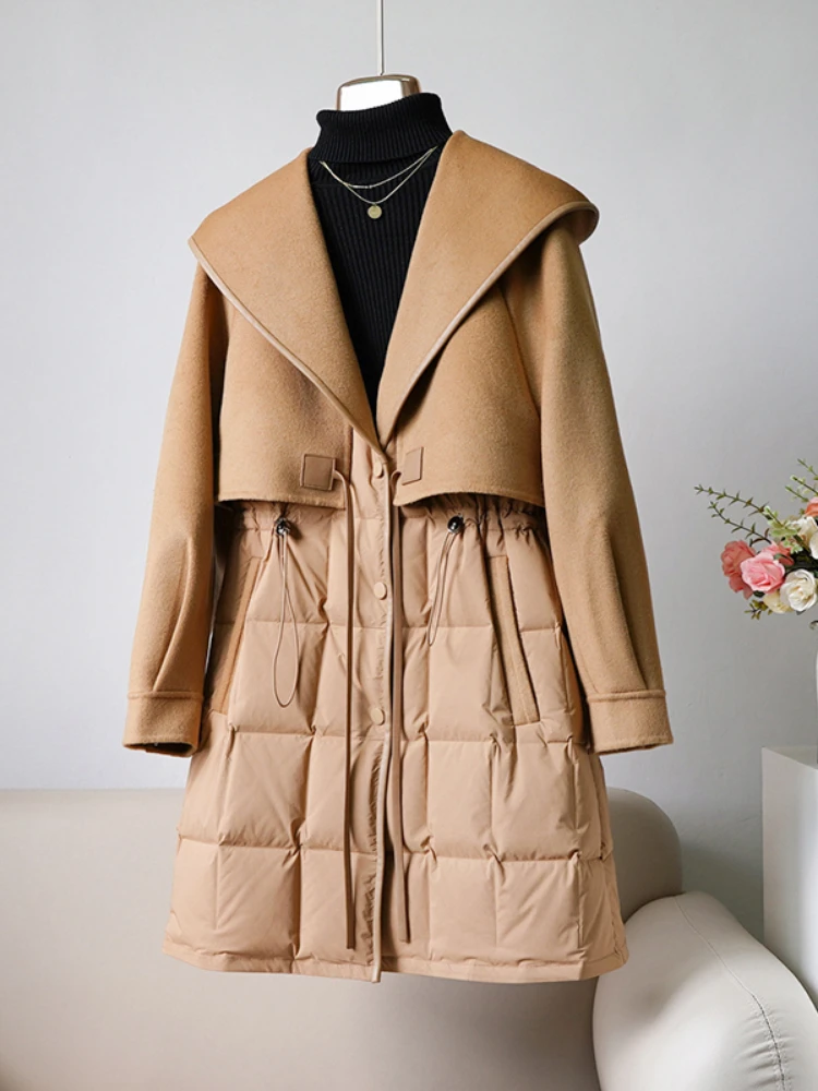 

MENINA BONITA 2022 Winter Jacket Women Hooded 90% Wool 10% Cashmere Wool Blends Thick Warm Goose Down Long Coat Fashion Belts