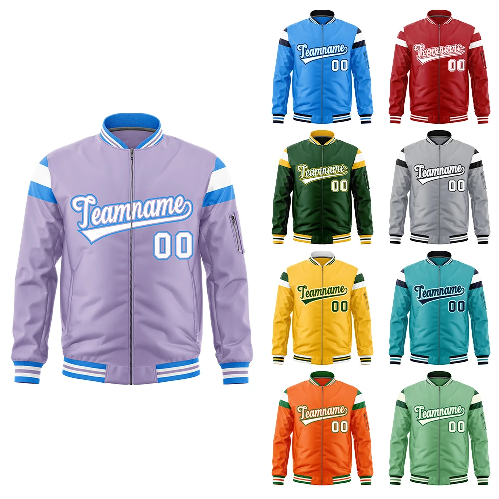 Wholesale Canvas Varsity Full-Zip Letterman Bomber Jacket Stand Contrast Shoulder Color Block Front Winter Baseball Jacket
