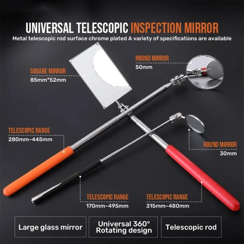 New Extendible Inspection Rotatable Mirror Square Stainless Steel Retractable Mirror Round Detection Tool Equipment Automotive