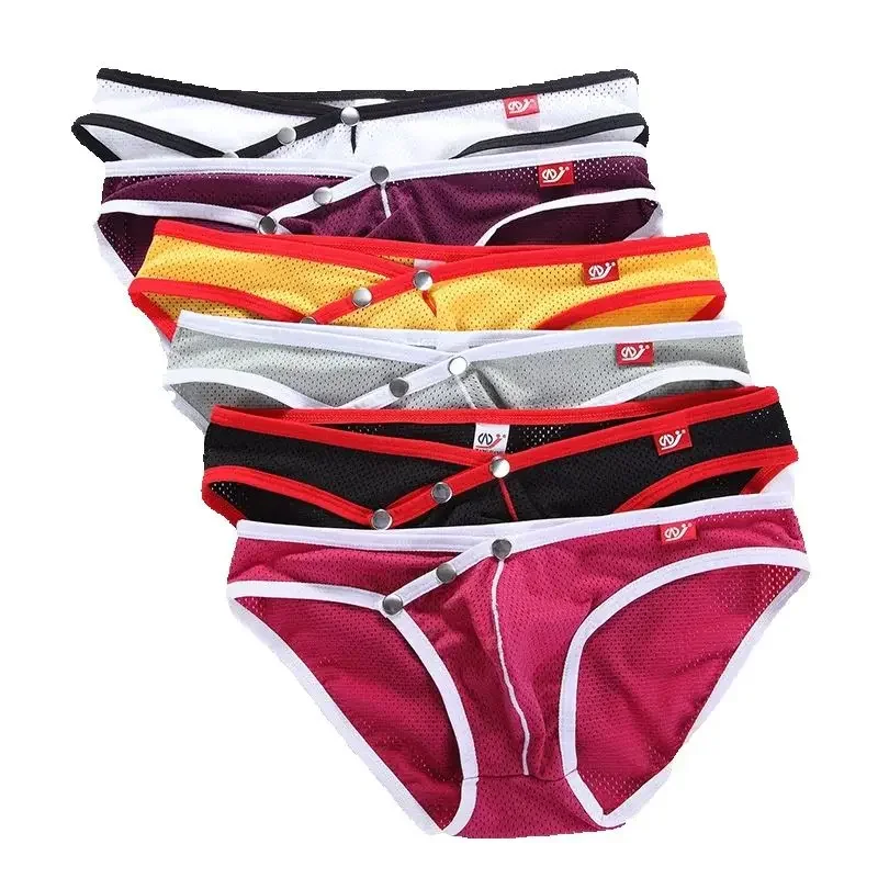 

WJ Front Button Design Men's Mesh Briefs Breathable and Comfortable U Convex Low Waist Nylon Panties for Male