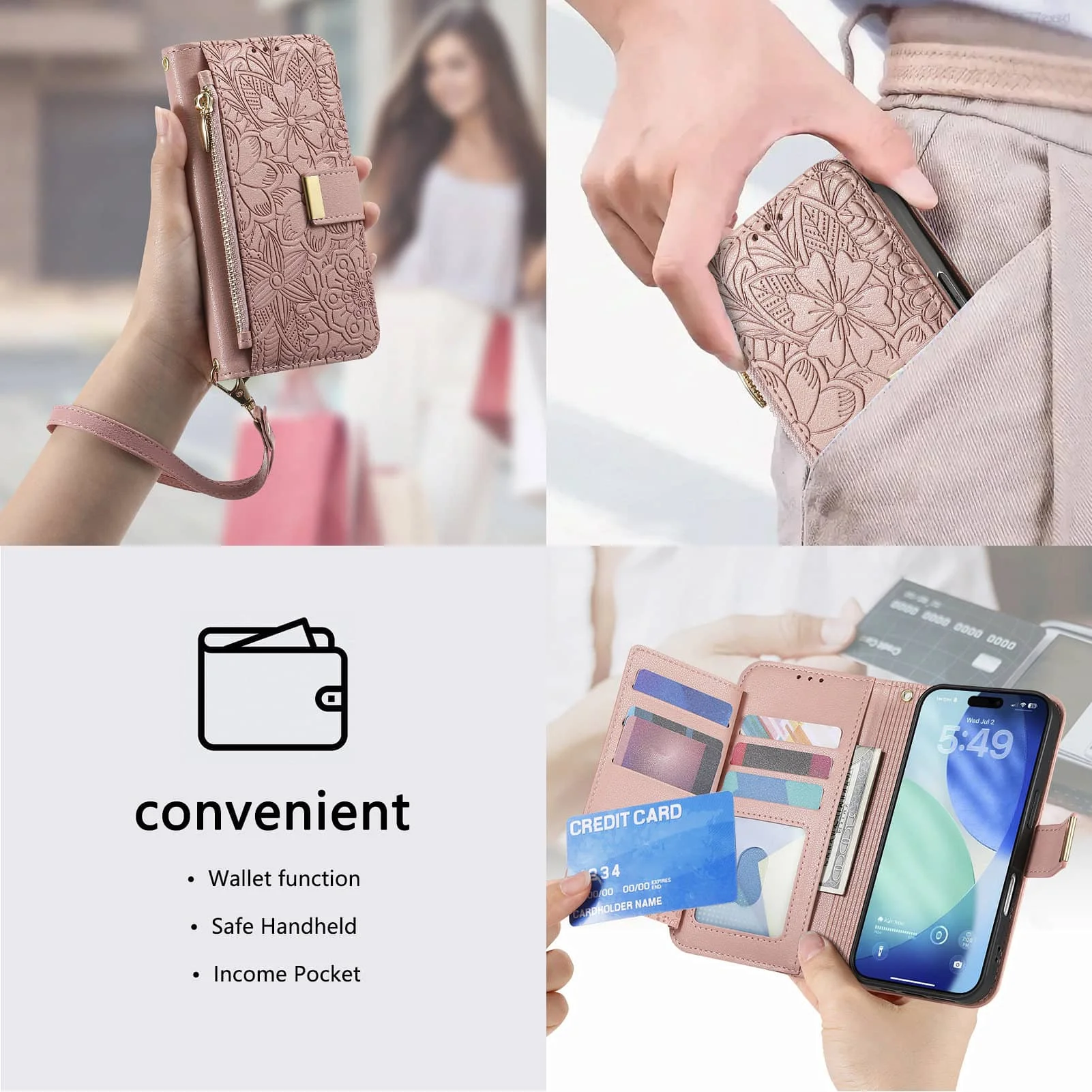 für iPhone 18 Pro/17/16e/17e/15/14/13/12 Pro Max 16 Plus Lanyard Reißverschluss-Brieftaschenhülle mit Doppelkartenfach, Flip-Ständer und Magnetverschluss – Detail 12