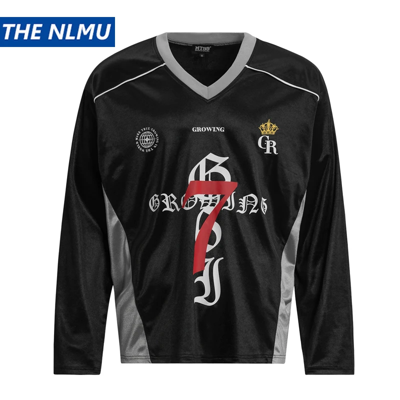 

2025 Autumn Men's Long Sleeve T-shirt Letter Print Patchwork V-Neck Design Tshirt Oversized Basketball Shirt Tops