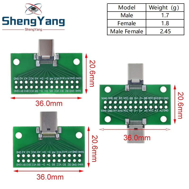 TZT Type-C Male to Female USB 3.1 Test PCB Board Adapter Type C 24P 2.54mm Connector Socket For Data Line Wire Cable Transfer