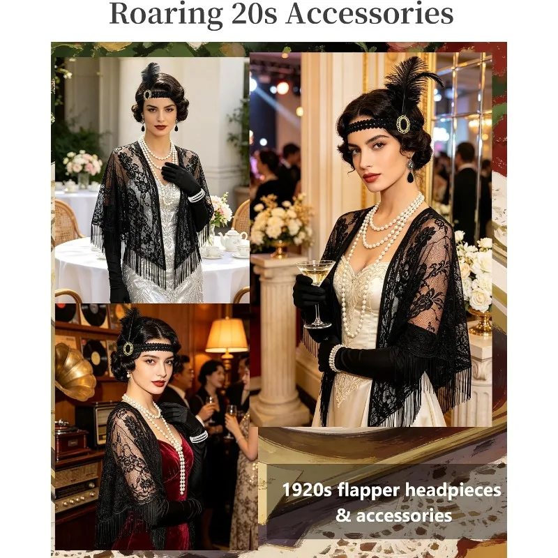 6PCS/SET 1920s Great Gatsby Accessories for Women Roaring 20sAccessories 1920s Headpiece Flapper Shawls Gloves