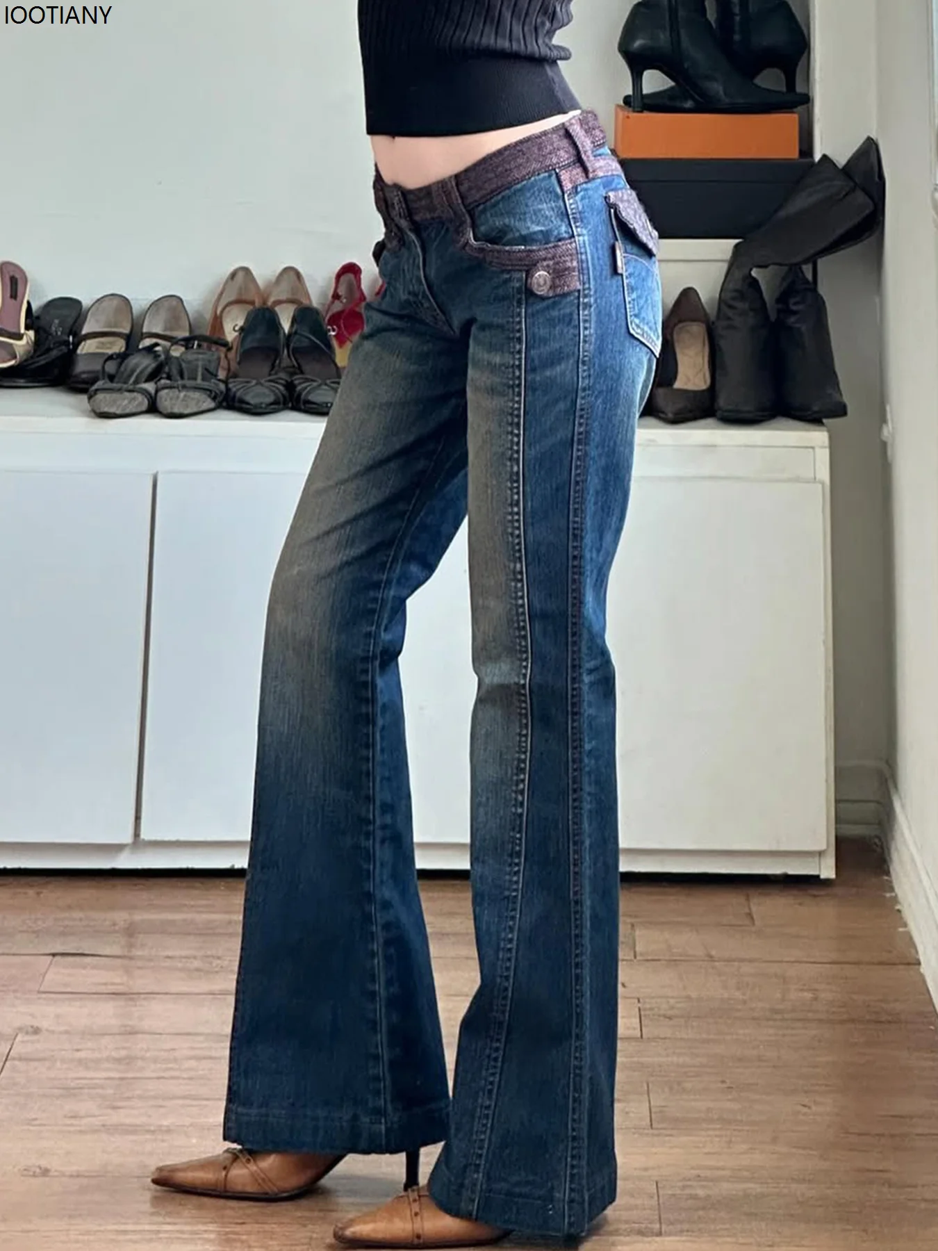 Retro Patchwork Brown Loose Jeans Classic Ladies 2000s Outfit Sexy Low Waist Slim Flared Jeans Hot Girl Y2k Aesthetic Trousers