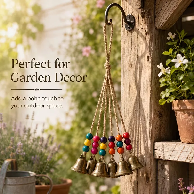 Bohemian wind chime, equipped with 6 bronze bells and 18 colorful wooden beads, handmade Bohemian style hanging decoration, suit