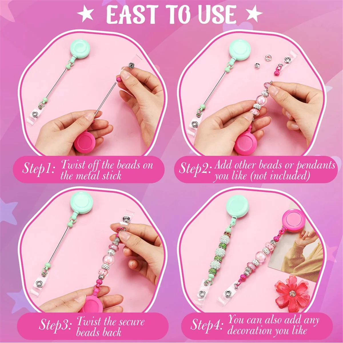 Enrouleur de badge rétractable avec clip de ceinture, porte-badge perlé, barre vierge en vrac, nom d'identification, coloré, 24 pièces