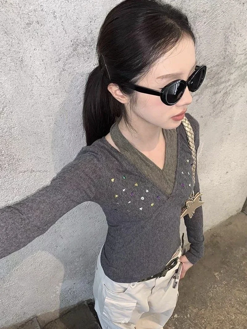 

Harajuku Поддельный Холтер из двух частей ​ Футболки Y2k, винтажные футболки с эстетическими стразами, женские облегающие топы контрастного цвета в стиле пэчворк