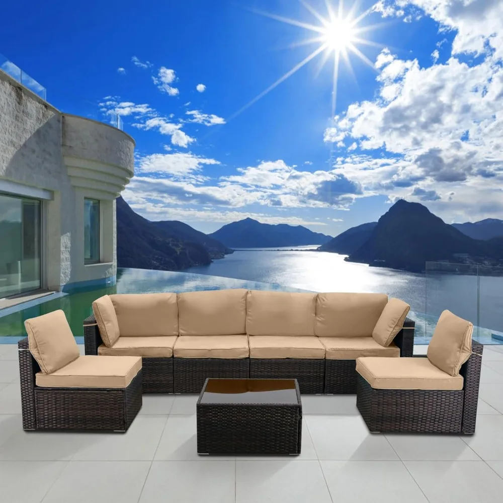 

7 Pieces Outdoor Patio Furniture Set,Manual Weaving Wicker Patio Sofa with Tea Table, Rattan Conversation Sectional Set