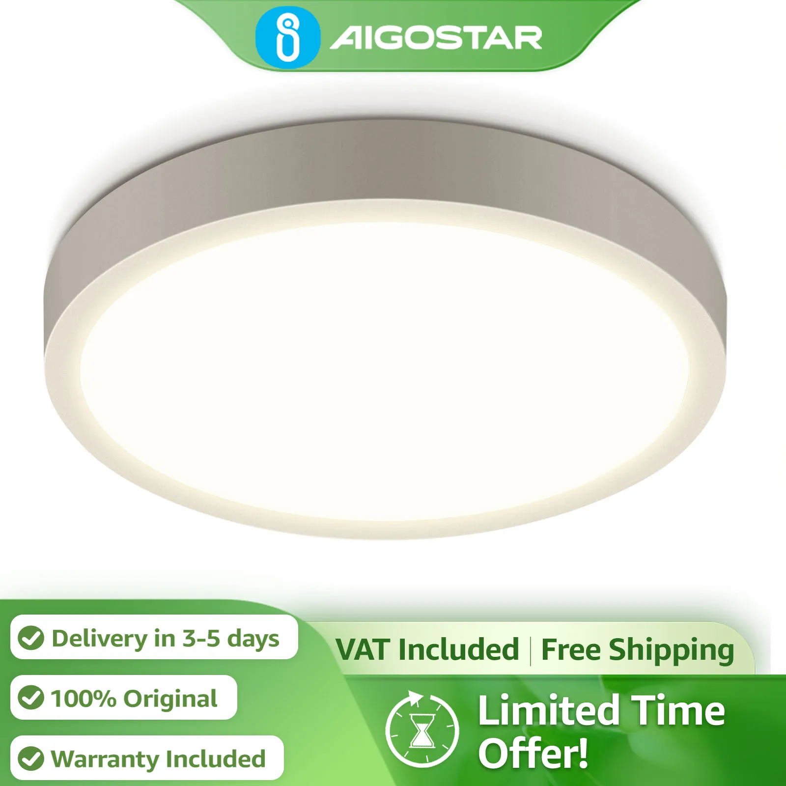 Aigostar Plafón LED 24W 2500LM Alto Brillo | Ø285mm para Sala de Estar, Dormitorio, Cocina, Pasillo