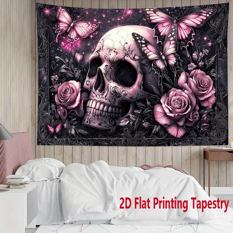 Large Gothic Skull Butterfly Rose Tapestry Wall Decor Bohemian Macabre Art Print Aesthetic Canvas for Bedroom Living Room Home