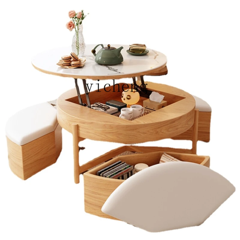 

Zc Log Style round Lifting Tea Table Stone Plate Modern Simple Home Multifunctional Storage Tea Table and Chair