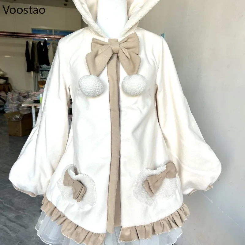 เสื้อคลุมฮู้ดสไตล์โลลิต้าญี่ปุ่น น่ารักหวานแหวว อุ่นสบาย แฟชั่นสำหรับผู้หญิง แจ็คเก็ตฤดูใบไม้ร่วง สไตล์ Y2k พร้อมโบว์  คาร์ดิแกนลำลอง