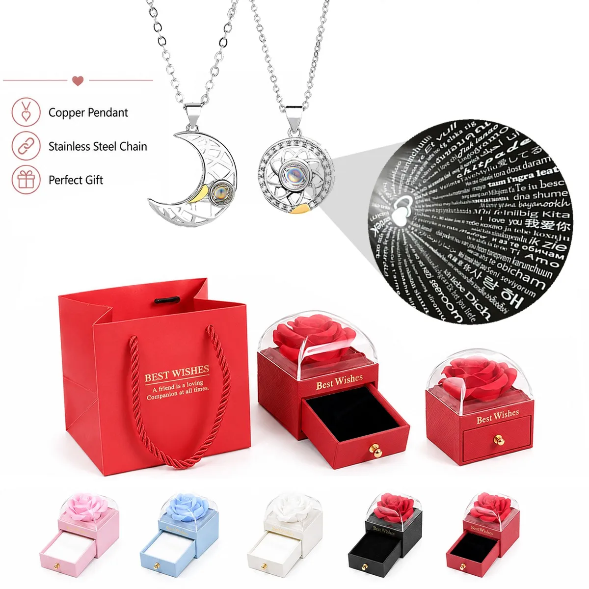 100 Languages Projection Necklaces Moon Sun Pendant With Rose Gift Box For Girlfriend Women Christmas Valentine Birthday Jewelry