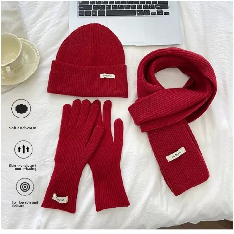 Winter Warm Knitted Hat Scarf Gloves Women's Windproof Adult Three-piece Set Scarves Solid Color Fashion Korean Hats for Women