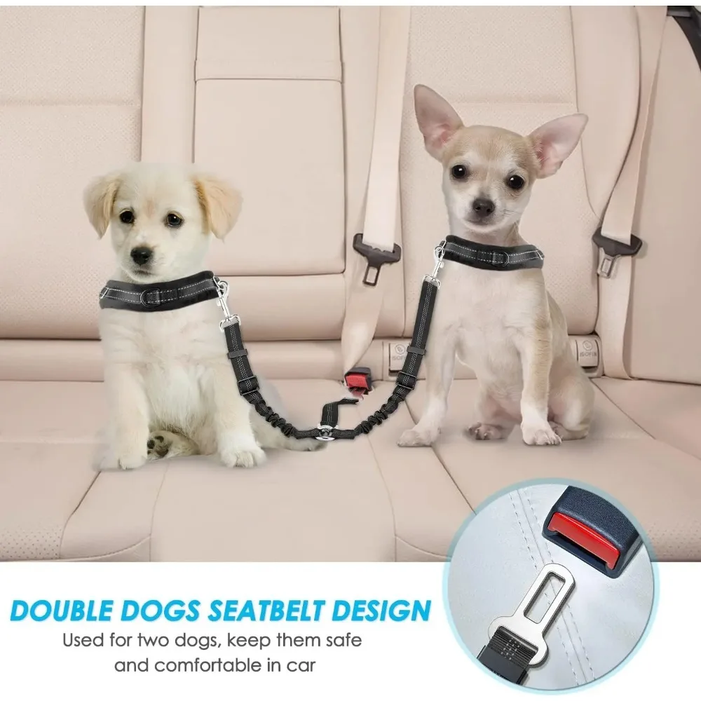 Double Dog Seatbelt Adjustable Vehicle Safety Leash with Elastic Protect Shock Reflective Dog Car Restraint for Pet Safety Belt