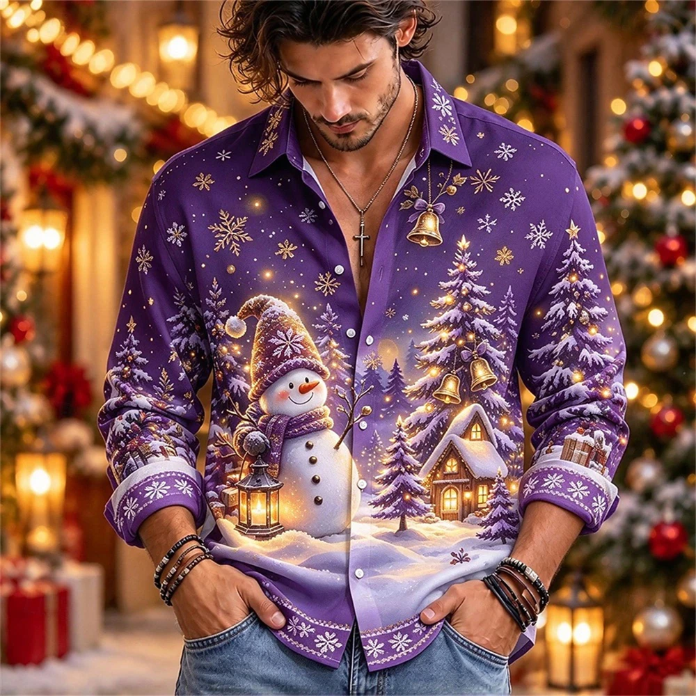 Men's Christmas Long Sleeve Shirt 3D Print Lapel Button Down Shirt Winter Xmas Tree Bell Snowflake Casual Holiday Party Top