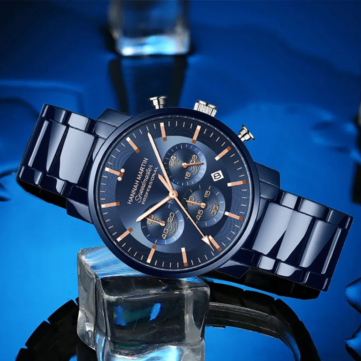 هانا مارتن العلامة التجارية الأعلى ساعة رجالية وعاء من الستانليس ستيل الأسود 46 مللي متر متعددة الوظائف توقيت الرياضة حركة كوارتز 3Bar ساعة مقاومة للماء