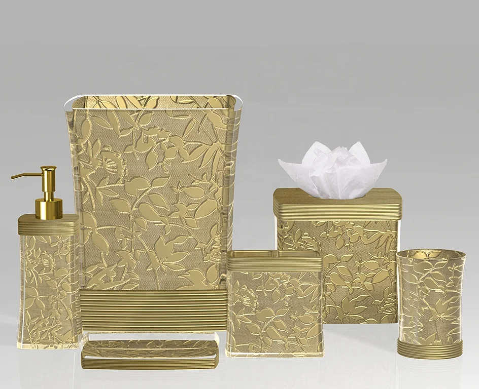 Gold bathroom products luxury bathroom sets accessories 6 pieces Set Poly resin bathroom Accessories sets for home