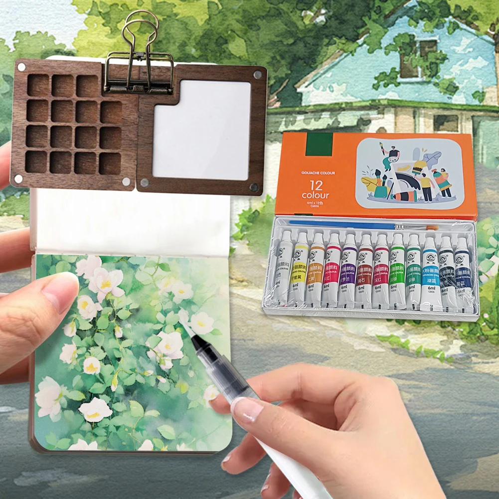 

Portable Travel Artists Paint Palette Pocket Watercolor Set Mini Watercolor Palette Set for Students' Wooden Watercolor Palette
