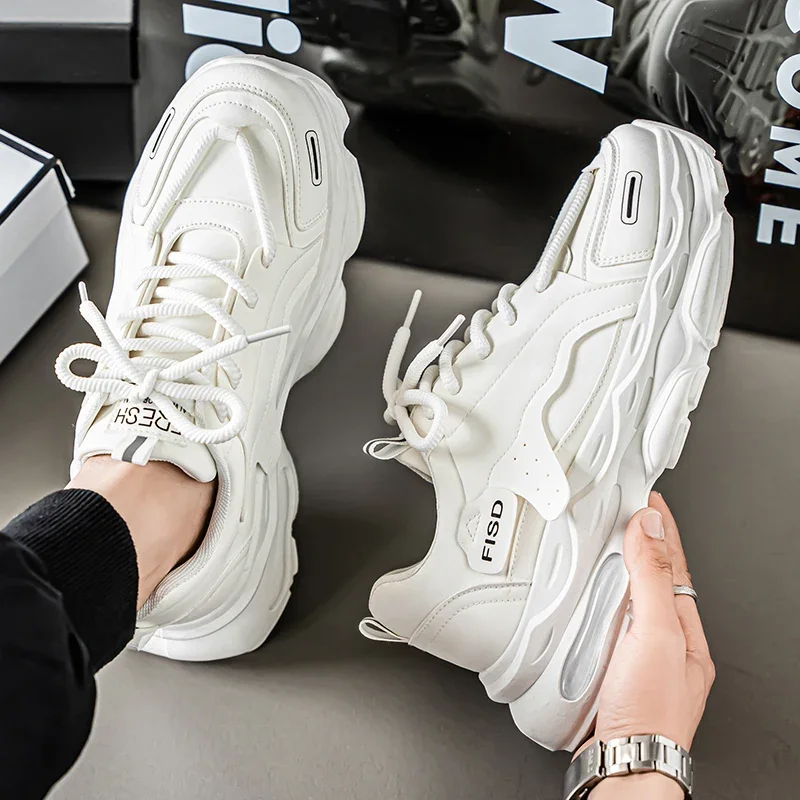 أحذية رياضية بيضاء جديدة للرجال قابلة للتنفس - نعل سميك مبطن بالهواء، نعل ناعم، أحذية كاجوال للأب #6