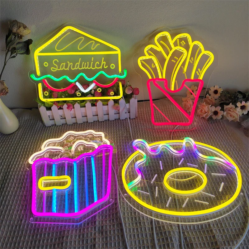 

Donut Shaped Neon Sign Night Light Pizza Hot Dog USB Wall Hanging LED Coffee Chips Popcorn Restaurant Burger Shop Decor Lamp