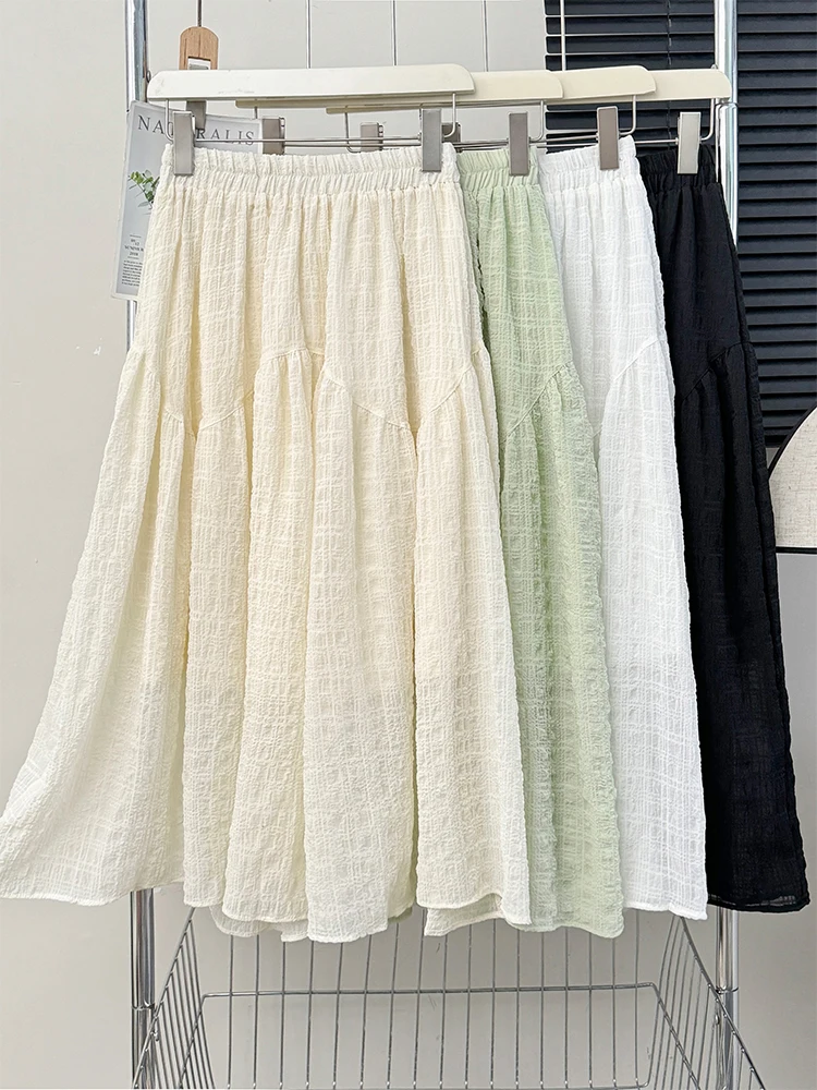 

French folds seersucker spliced half skirt lady summer high waist expansion skirt casual loose A-line skirt