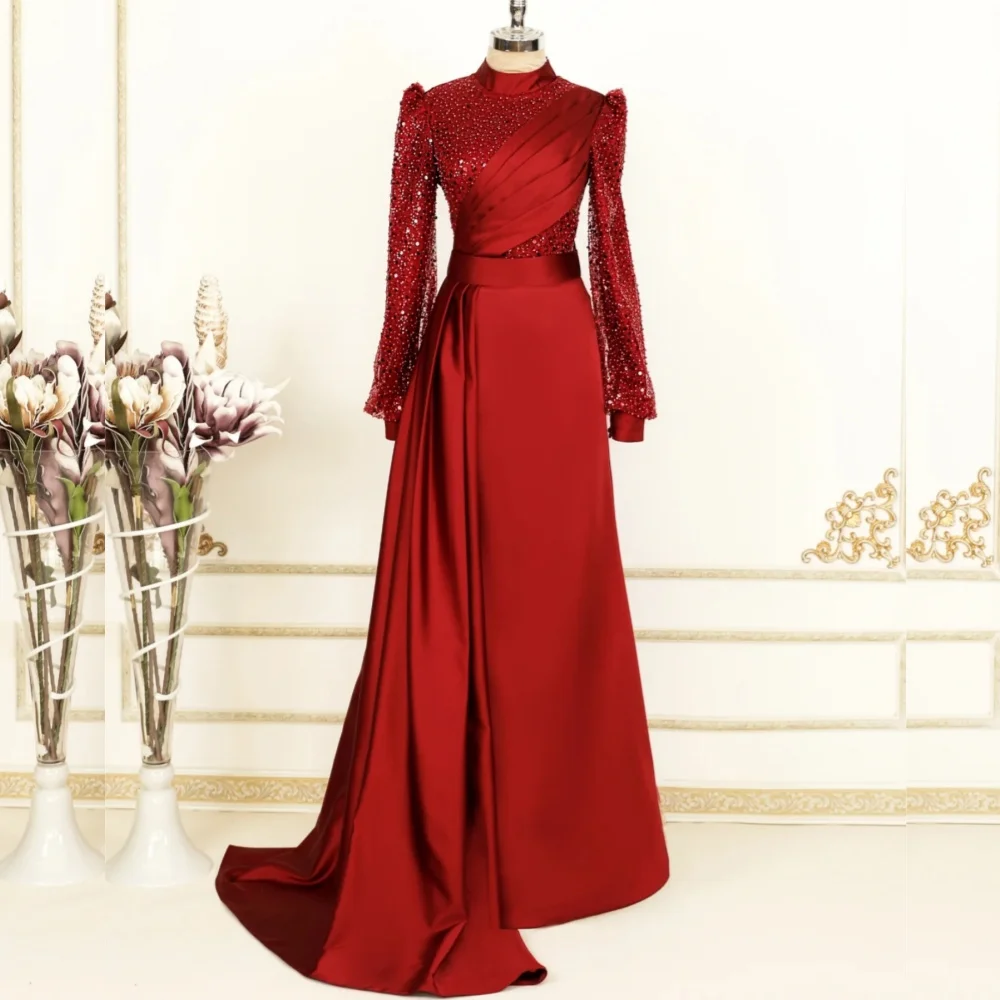 

Customized Sizes Available Jersey Sequined Pleat A-line High Collar Long Dresses Bespoke Occasion Fashion