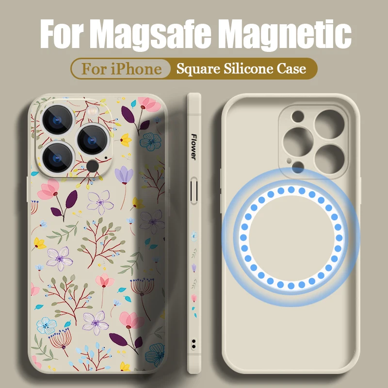 Foral Print Pattern Magnetic Phone Case For iPhone 15 14 13 12 Pro Max 11 For Magsafe Wireless Charge Slim Liquid Silicone Cover