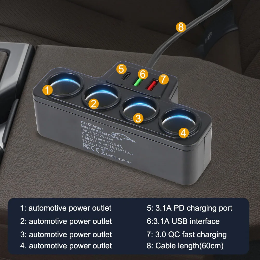 120W 12V 24V QC3.0 + PD3.1A para teléfono IPad USB divisor de carga rápida accesorios de coche adaptador de cargador de coche multifuncional