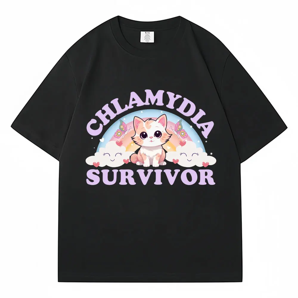 Chlamydia Survivor Funny Cat Meme T Shirt Fashion Aesthetic Cartoon T Shirts Men Women Casual 100% Cotton T-shirt Streetwear Y2K