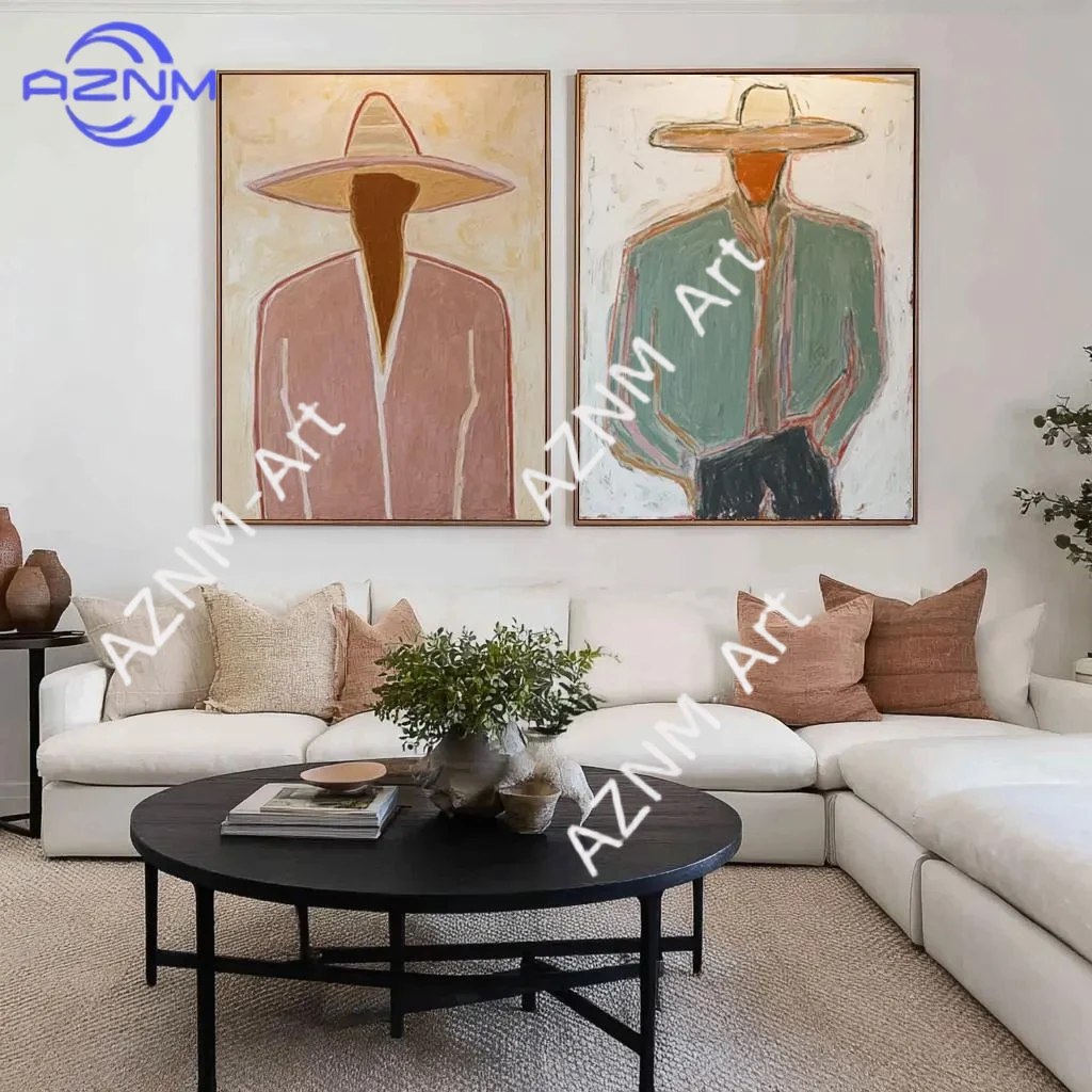 1/2Pcs Set of 2 Abstract Figurative Paintings: Textured Neutral Canvas Art