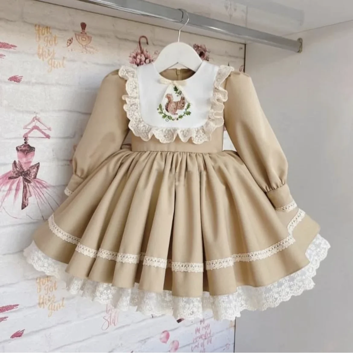 0-12Y Baby Girl Autumn Squirrel Embroidery Khaki Dress for Birthday Holiday Eid Photography Christmas Casual C26