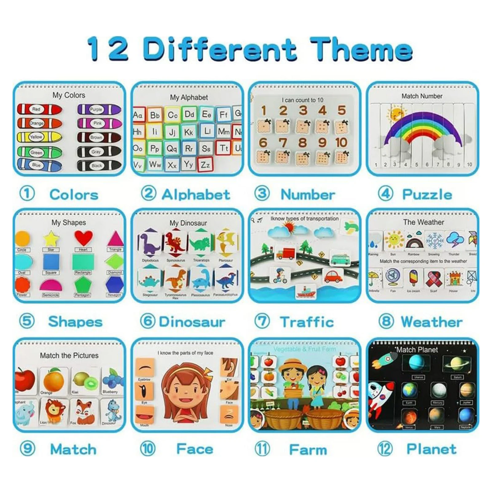 كتاب مونتيسوري مشغول للأطفال 12 موضوعًا لأنشطة التعلم لمرحلة ما قبل المدرسة لعبة تعليمية للأطفال الصغار في المدرسة المنزلية ورياض الأطفال