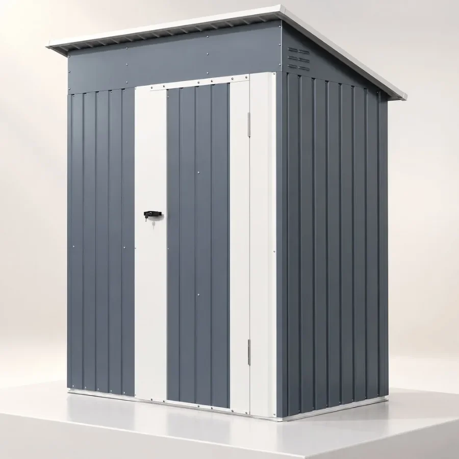 Outdoor storage shed for garden tools, metal construction, gray color, sloping roof design for rainwater runoff and enhanced du