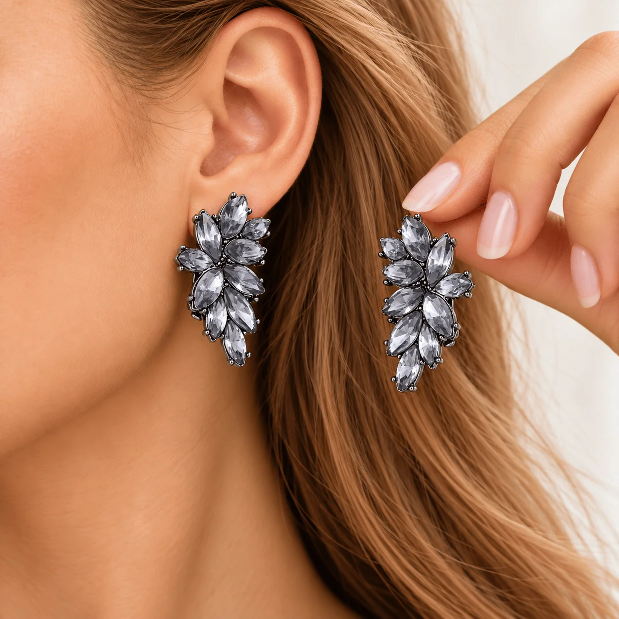 Clip On Earrings for Women, No Piercing Smoky Grey Crystal Leaf Earrings, Elegant Bridal Wedding Party Jewellery Gift for Her