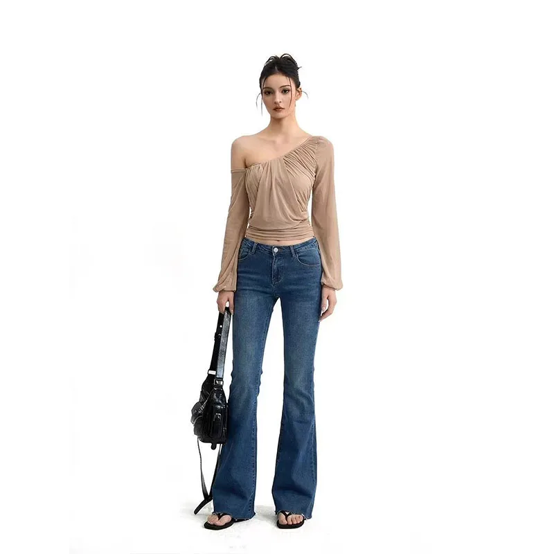 American Mesh Irregular Skew Collar Blouses Off Shoulder Long Sleeved Shirt Women Ruched Slim Waist Blusas Mujer De Moda