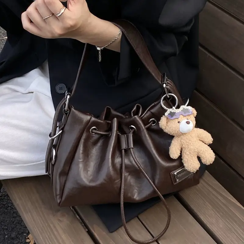 

JIAERDI Retro Pleated Drawstring Tote Bag Women Korean Leather Large Capacity Shoulder Bag Ladies Fashion Crossbody Bucket Bags