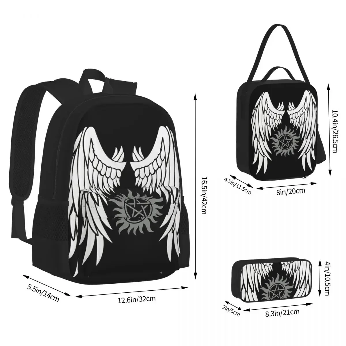 

Supernatural Wings And Logo Backpacks Boys Girls Bookbag Students School Bags Kids Rucksack Lunch Bag Pen Bag Three-Piece Set