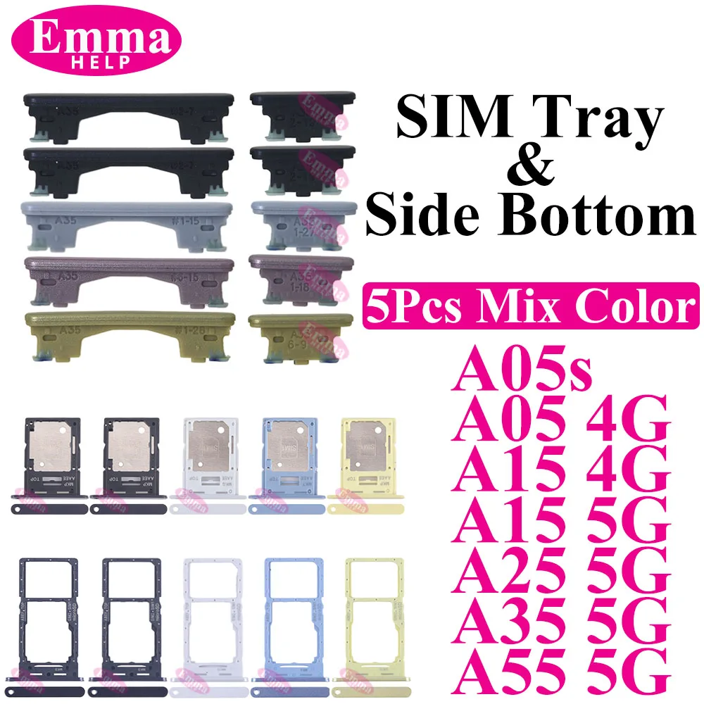 5Pcs Mix Color SIM tray Holder SD Card Power Volume Buttons Side Key On Off Adapter Drawer For Samsung A05 A05s A15 A25 A35 A55