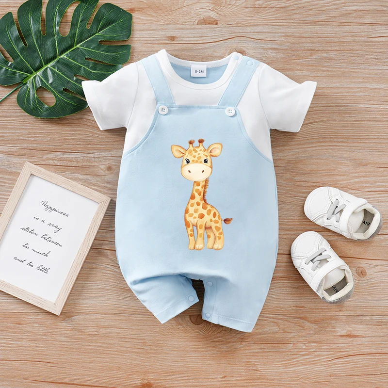 

Newborn baby fake two-piece suspenders pink blue giraffe soft, comfortable and cute round-neck jumpsuit