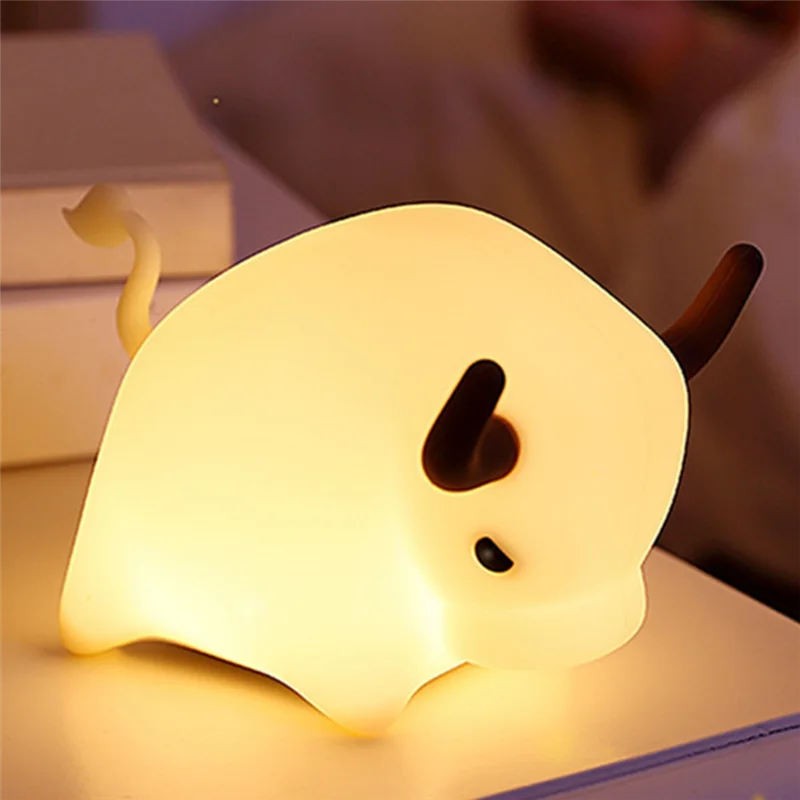 ABHU بقرة ليلة مصباح لينة سيليكون مصباح ليد قابلة للشحن لطيف الحيوان ضوء الليل مع كابل يو اس بي لديكور غرفة نوم الغرفة