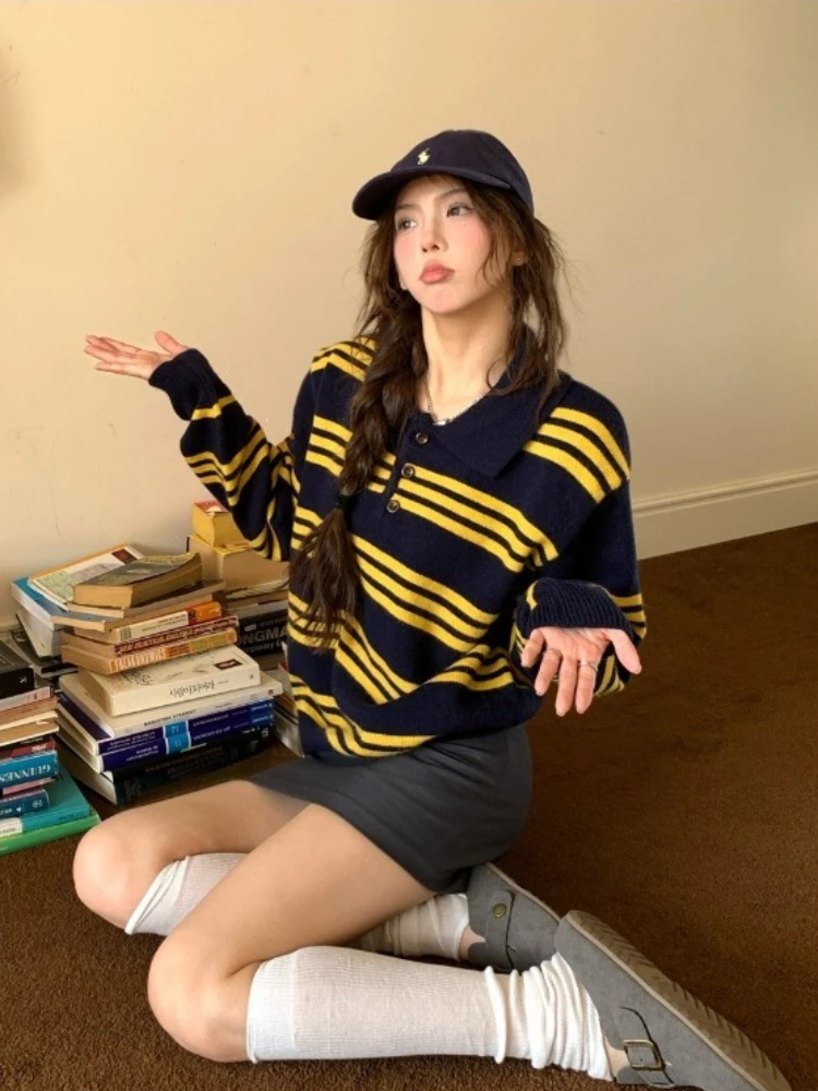 الخريف والشتاء موضة جديدة المرأة أنيقة البلوز سترة مع الراقية تصميم تحسس بولو التلبيب مخطط المتناقضة سترة