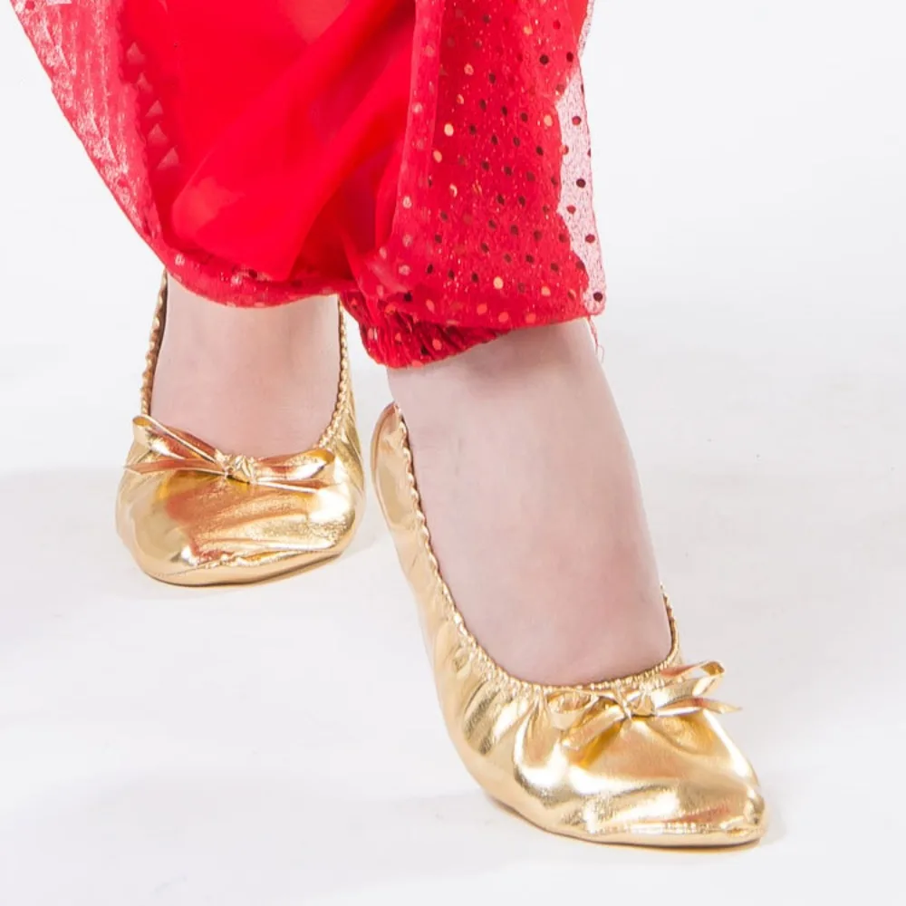 Stylish Bowknot Belly Dancing Shoes Leather Foldable Foldable Ballet Flats Round Toe Golden Indian Dance Shoes Girls