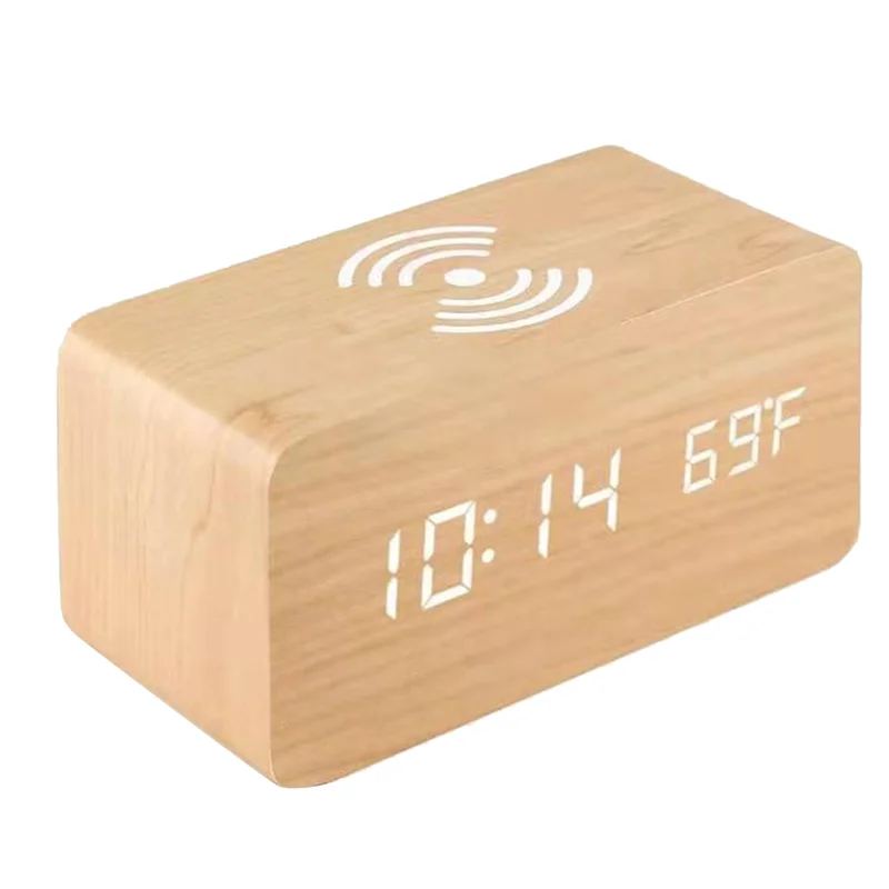 ABZW Wireless Charging Wooden Digital Alarm Clock, LED Display Including Time, Date Temperature, Suitable For Desk Placement