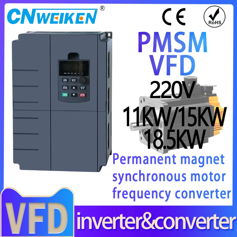 NEW! 220V 11kw 15kw 18.5kw Permanent magnet synchronous Frequency Driver 50/60HZ 1HP Input 3HP Output PMSM Motor Driver