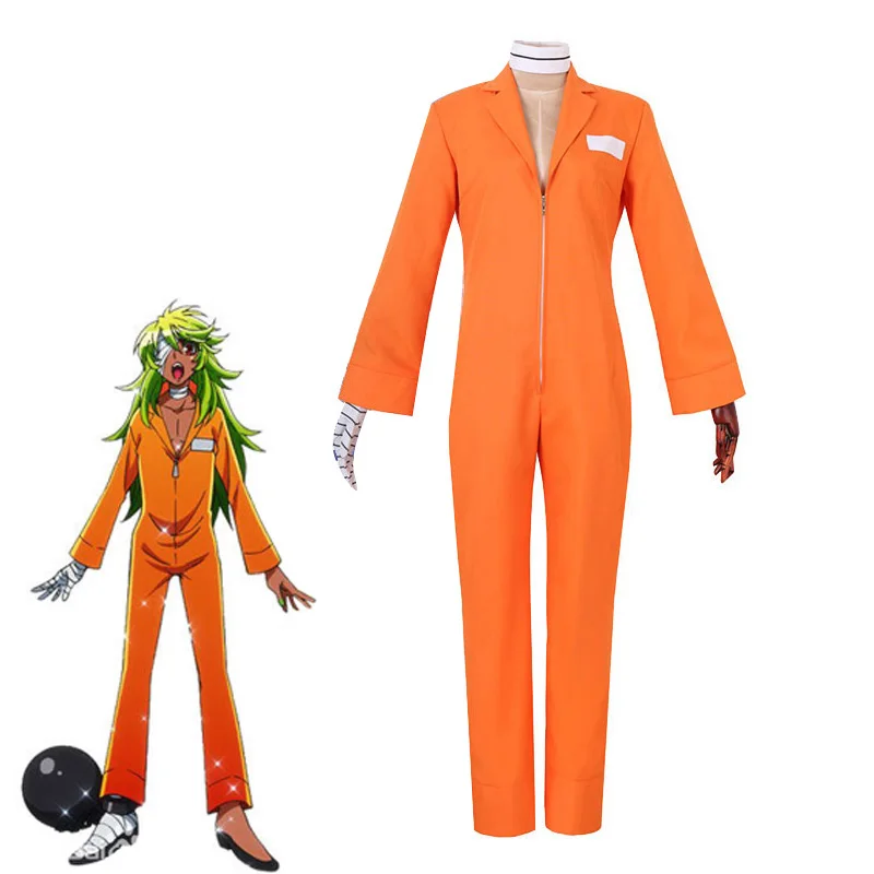 Detentionhouse Niko No.25 Nanbaka Cosplay Costume Green Wig Prison Nanba Orange Jumpsuit Detention House Adult Halloween Suit