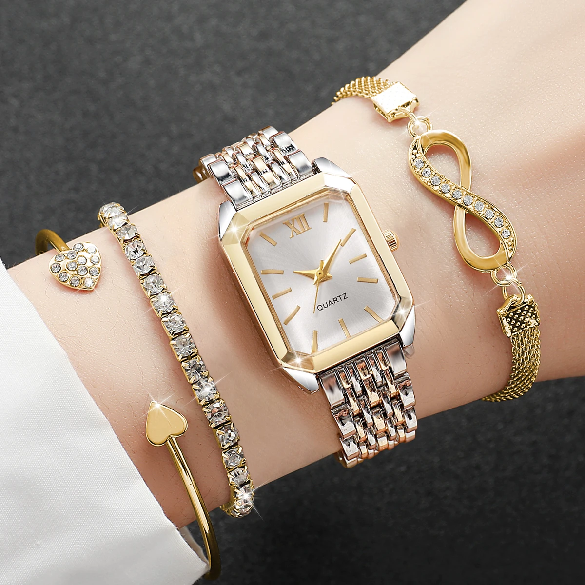 4PCS/Set Elegant Rectangle Women Watches Fashion Alloy Strap Quartz Watch With Diamond Bracelets Set Reloj Mujer (Without Box)