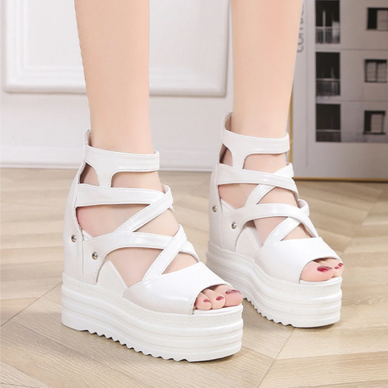 Fashion Women's Roman Sandals Summer Ultra High Heel Wedge Platform Shoes Side Zip Open Toes Solid Color Sexy Sandalias De Mujer